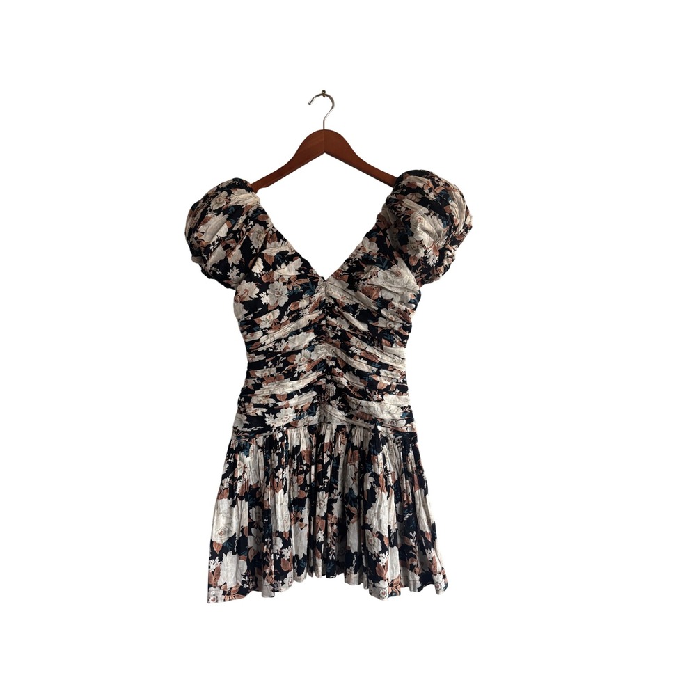 Abercrombie & Fitch Floral Ruched Puff Sleeve Mini Dress Black Tan SP Small